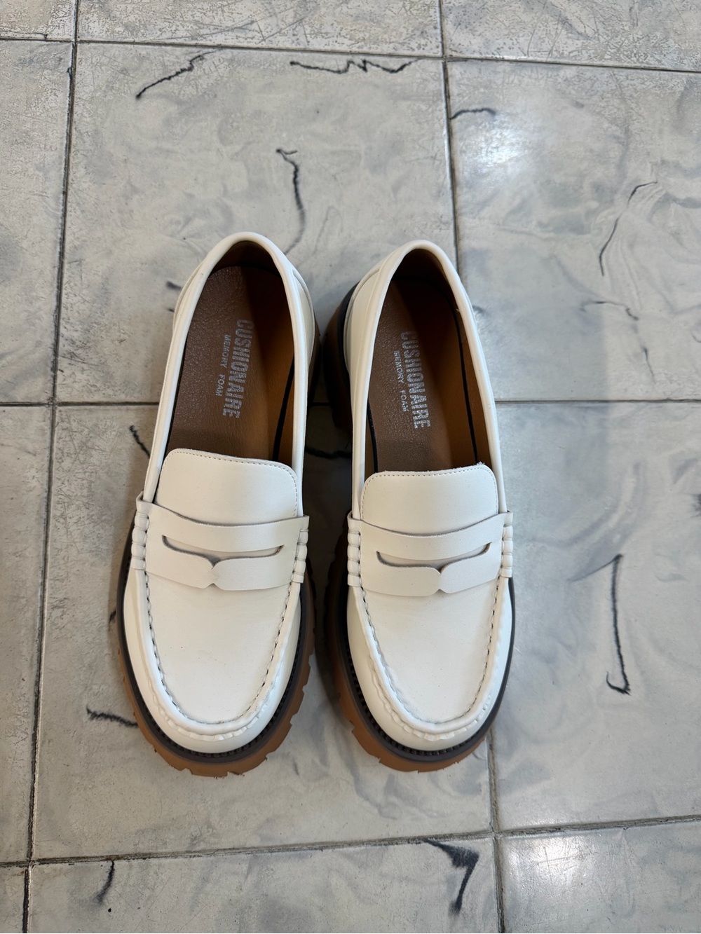 White Leather Penny Loafers with Brown Lug Outsole